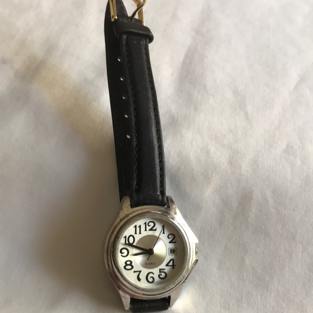 Silver Cased Watch with Black Leather Band